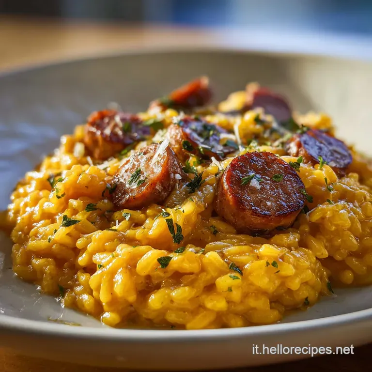 Elegant plate of saffron-hued risotto, topped with browned sausage, a swirl of cream, and a sprinkle of herbs for color.