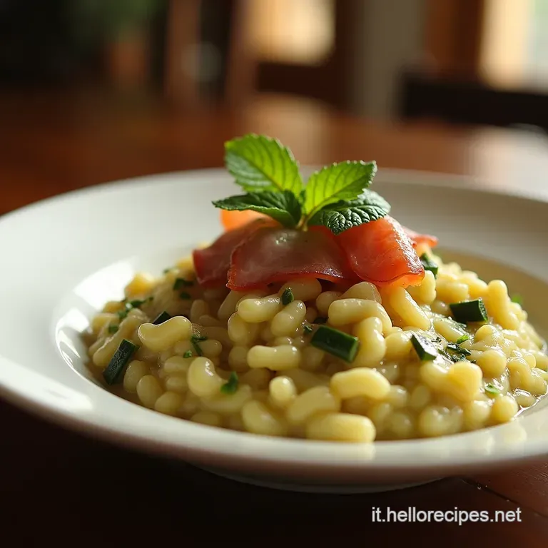 Risotto Cremoso Zucchine Speck Croccante E Profumo Di Menta Fresca presentation