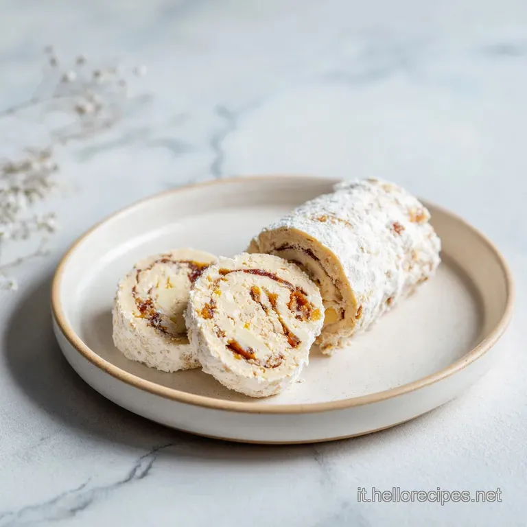 Sliced white chocolate salami with pistachios, artfully arranged with a dusting of cocoa powder.