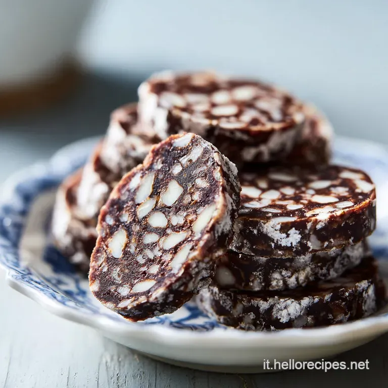 Sliced chocolate salami on a white plate dusted in cocoa powder, revealing chunks of biscuit. Served with fresh berries an...