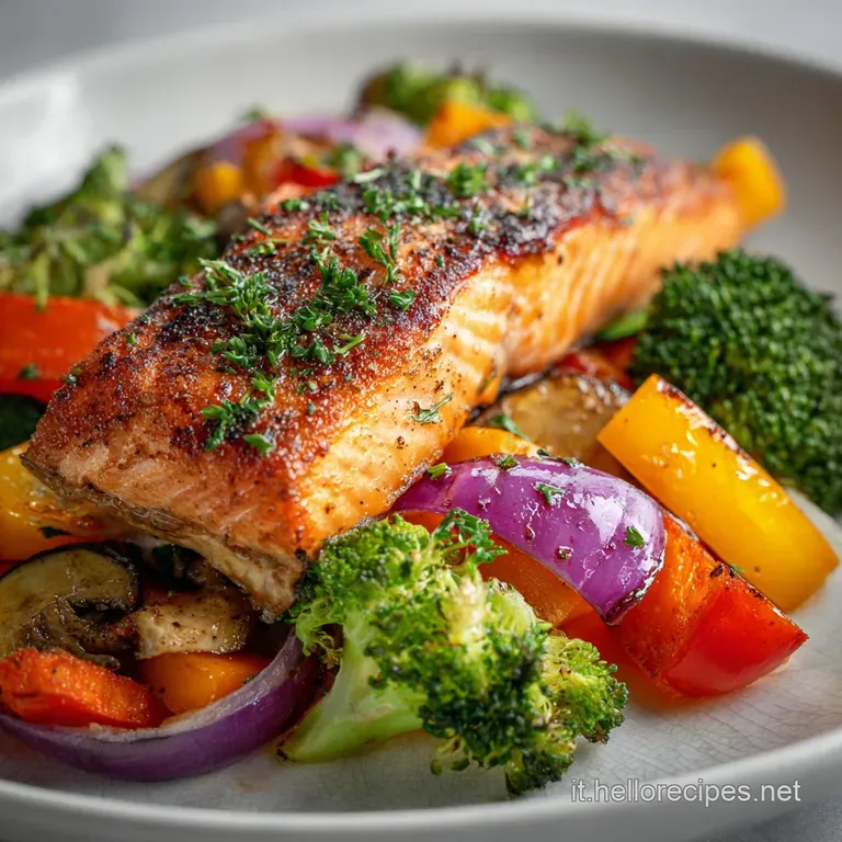 Perfectly seared salmon fillet atop a bed of artfully arranged roasted vegetables. A balanced dish, healthy and appetizing.