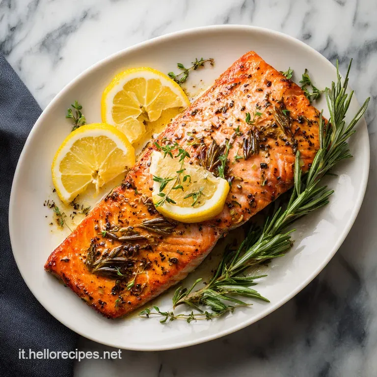 Perfectly cooked salmon fillet with blistered skin, resting on a bed of colorful roasted vegetables and herbs.