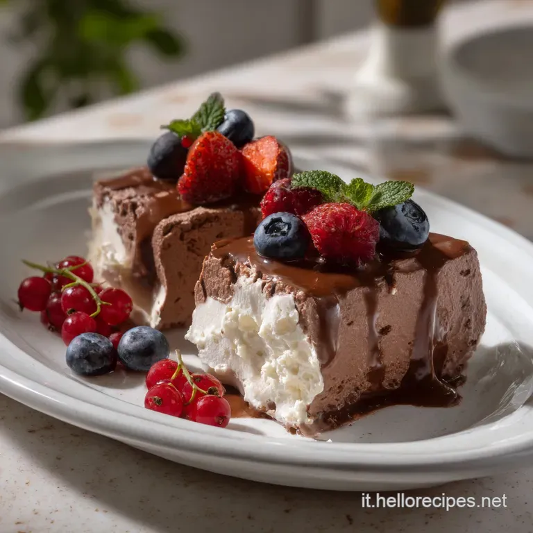 Elegant slices of the two-chocolate semifreddo, garnished with delicate chocolate shavings, arranged on a pristine white s...