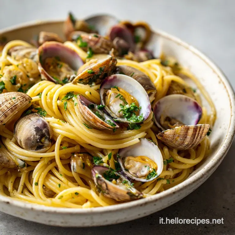Spaghetti alle vongole elegantly plated; steam rises from the pasta, nestled with opened clams and a drizzle of olive oil.