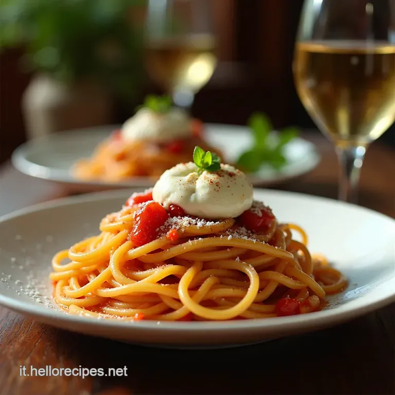 Spaghetti Con Pomodorini Freschi E Burrata Cremosa presentation