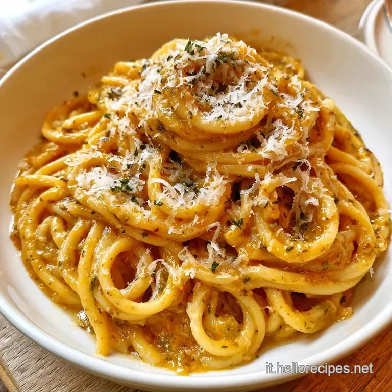 Pasta arrotolata a nido, avvolta da una crema dorata e setosa, guarnita con erbe verdi fresche in un piatto moderno.