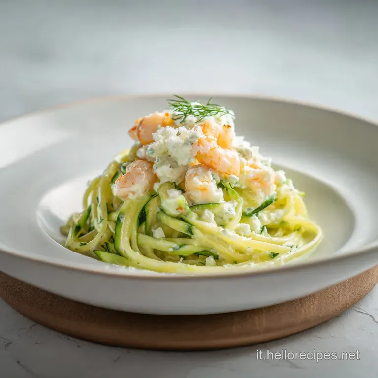A swirling mound of pasta glistening with sauce, adorned with plump, cooked shrimp and delicate zucchini ribbons.