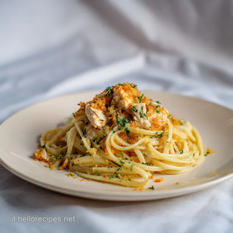 Elegant plate of twirled spaghettoni topped with flaky swordfish, golden breadcrumbs, and vibrant green parsley. Fresh and...