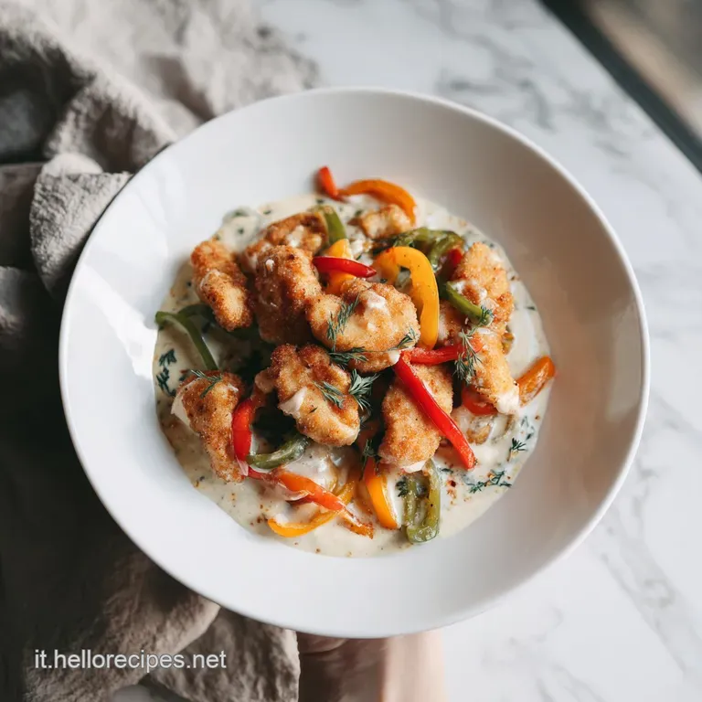 A rustic bowl overflowing with tender chicken and colorful peppers, dusted with herbs.