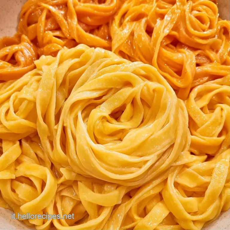 Elegante nido di pasta sottile giallo intenso su piatto in ceramica, guarnito con erbe verdi fresche e un filo d'olio.