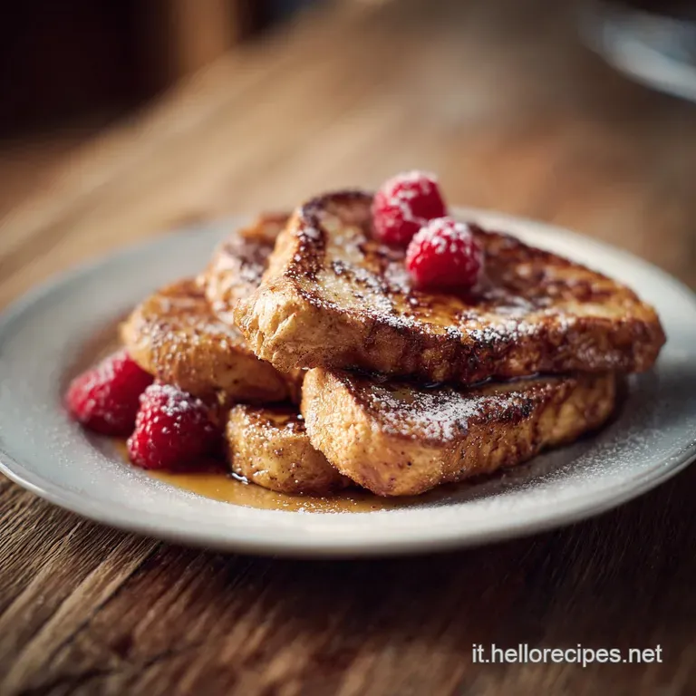 Buttery French toast triangles artfully arranged, topped with vibrant berries and a dusting of confectioner's sugar. Light...