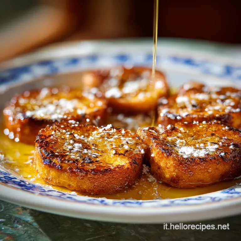 An elegant stack of golden torrijas topped with a swirl of cream and a sprinkle of cinnamon.