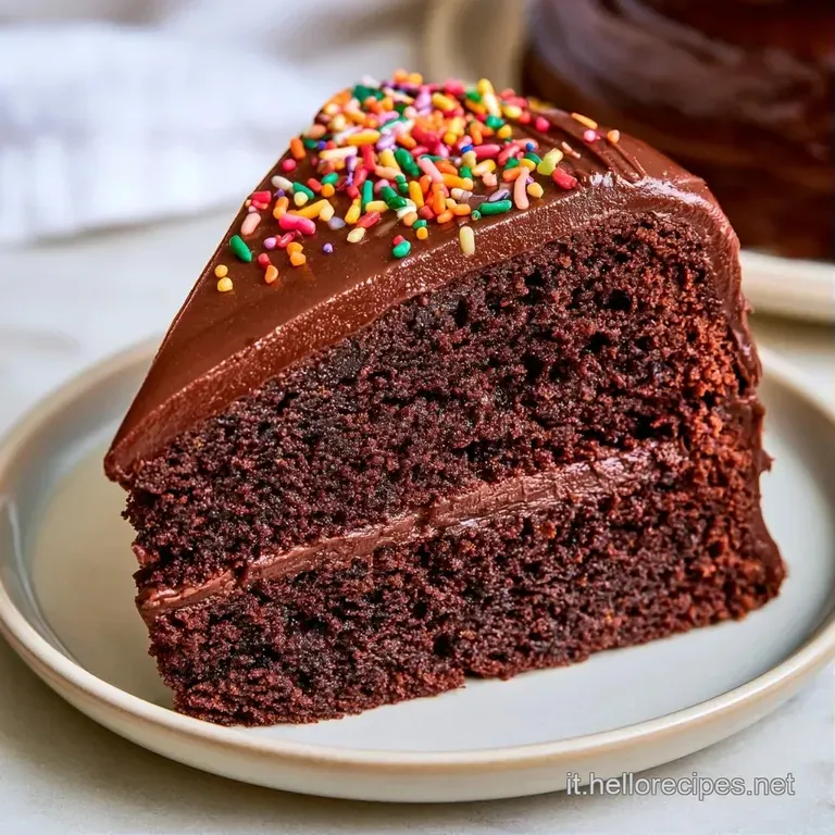 Fetta di torta al cioccolato densa e lucida, accompagnata da lamponi rossi freschi e un ciuffo di panna montata soffice.