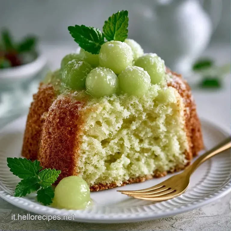 Fetta di dolce spugnoso su piatto bianco, accompagnata da cubetti di melone fresco e un ciuffo di panna montata bianca.