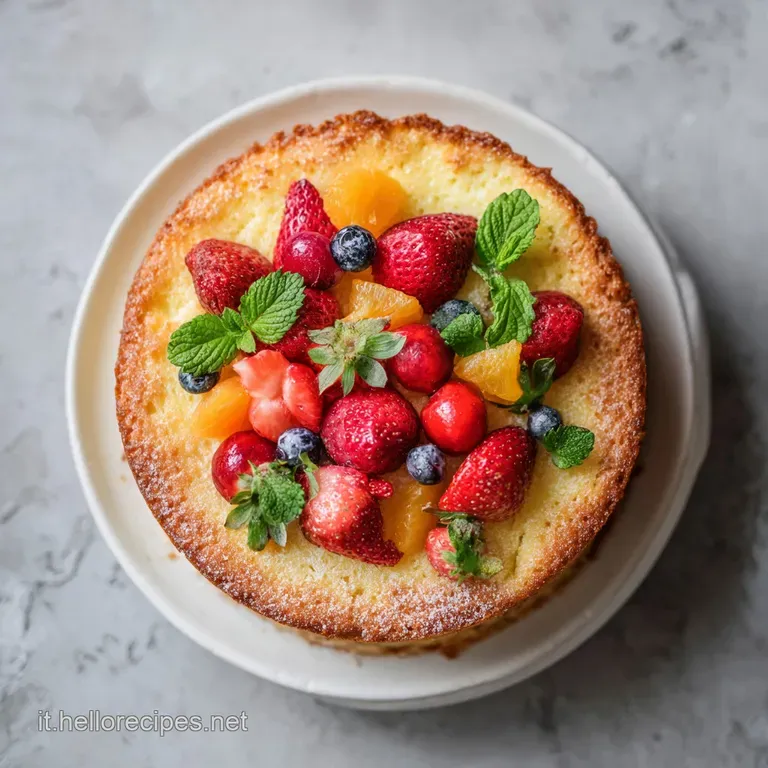 A slice of moist yogurt cake adorned with fresh berries and a drizzle of glaze on a white plate.