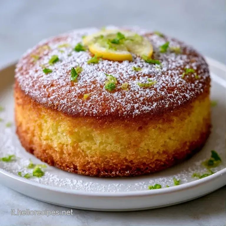 Fetta di torta giallo paglierino su piatto bianco, decorata con un rametto di menta verde e una fetta di limone.