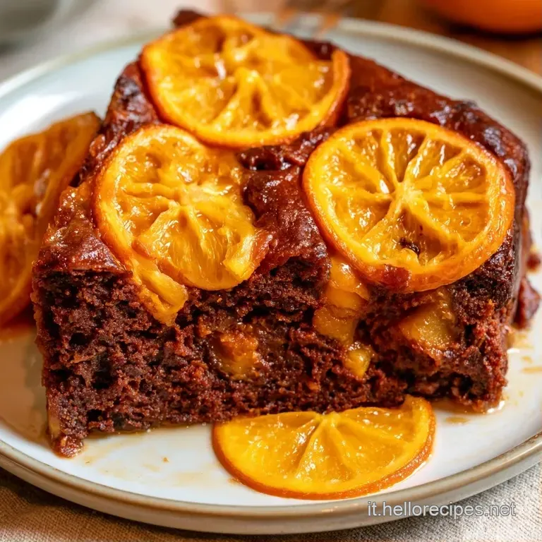 Fetta di torta al cacao su piatto bianco, accompagnata da una fetta d'arancia fresca e una crema vellutata color ocra.