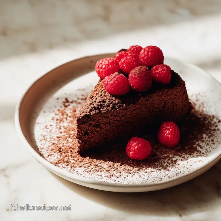 Una fetta di dolce al cacao soffice su piatto di porcellana, guarnita con un lampone rosso e una fogliolina di menta.