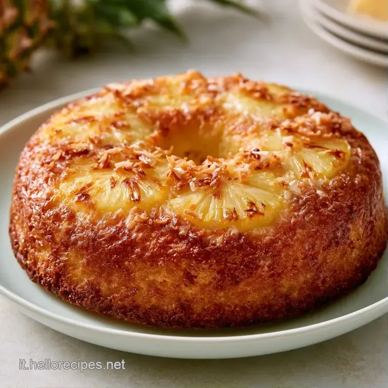 Fetta di dolce soffice su piatto bianco, accompagnata da yogurt greco denso, ananas succoso e un tocco di cocco rap&egrave;.