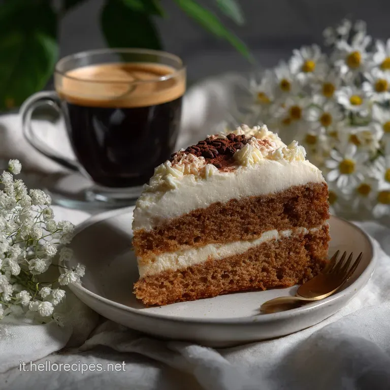 Fluffy, light-brown coffee cake with a dusting of cocoa powder, elegantly plated with a delicate, soft texture, a visual t...