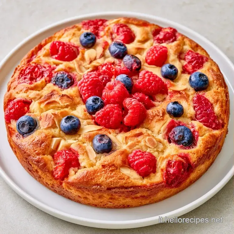 Fetta di torta soffice su piatto di ceramica bianca, guarnita con frutti di bosco lucidi e una pioggia di zucchero a velo.
