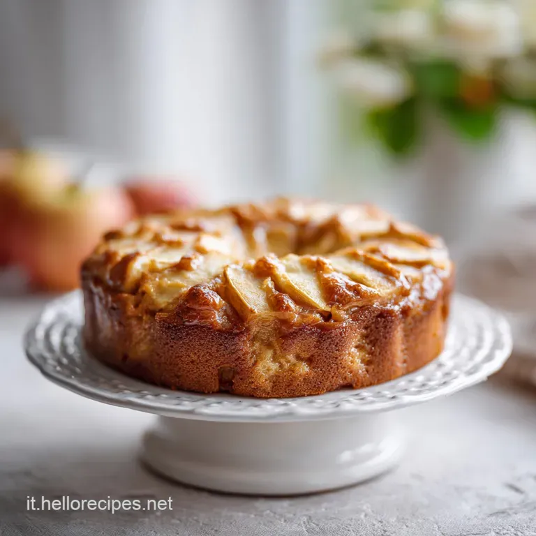 Slice of warm apple cake on a white plate, steam rising, with a scoop of vanilla ice cream melting slightly. Comfort food!