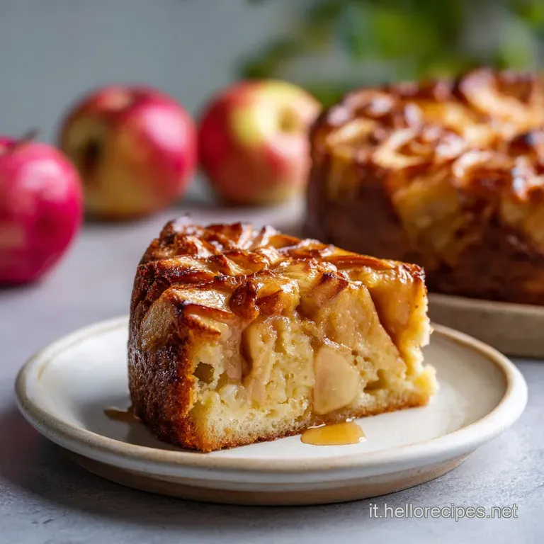 A slice of rustic apple cake sits on a white plate, steam rising, with a dollop of whipped cream and a dusting of cinnamon.