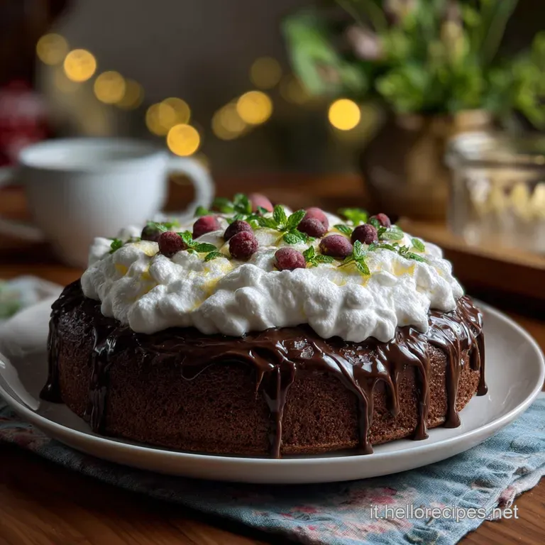 Slice of creamy Christmas torta with a light, airy texture and a dusting of powdered sugar, resting on a clean white plate.