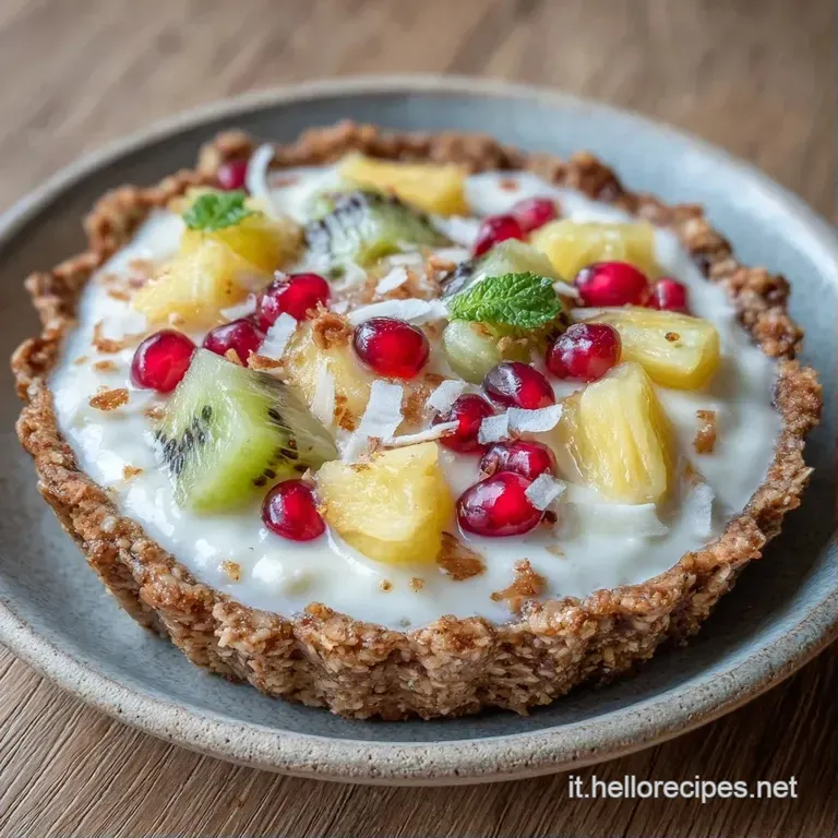 Fetta di torta bianca e soffice su piatto di ceramica, guarnita con ananas dorato e scaglie di cocco croccanti.