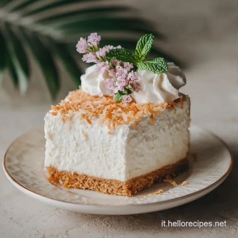 Fetta di dolce cremoso su piatto bianco, con ananas caramellato e una spolverata di cocco grattugiato fine.