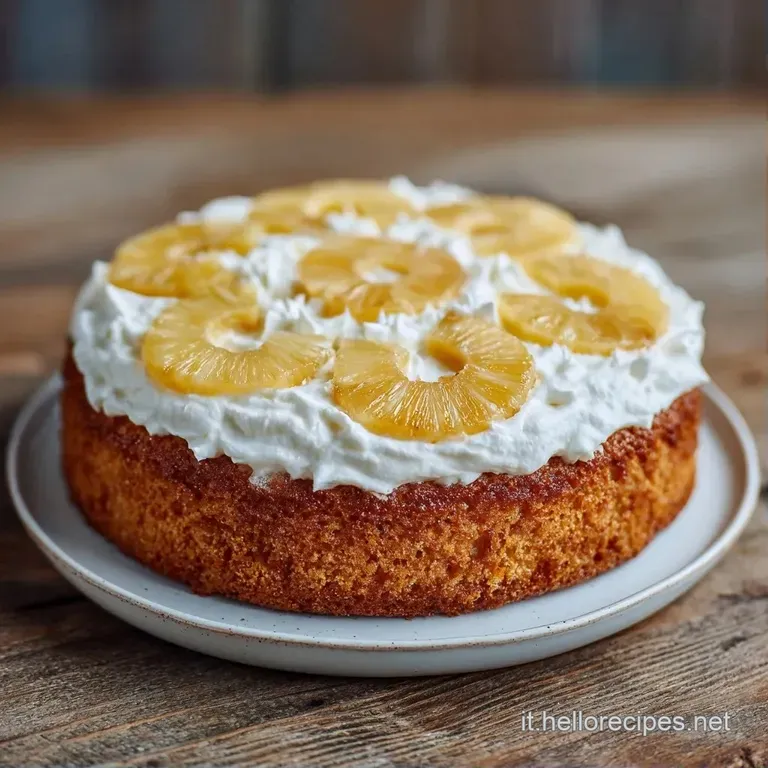 Fetta di torta soffice con ananas succoso e ciliegia, servita su piatto bianco con un ciuffo di panna fresca.
