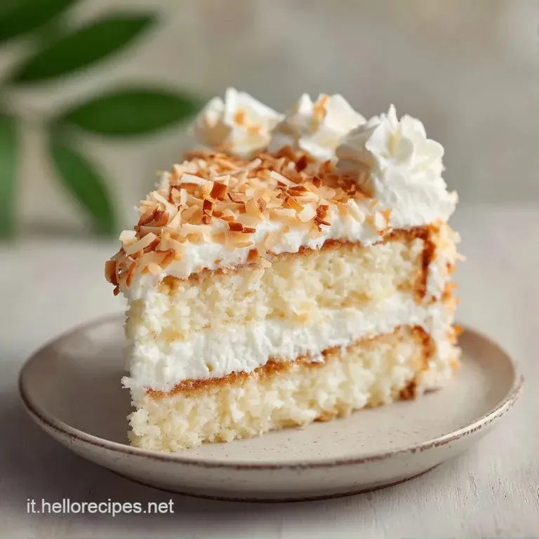 Fetta di dolce giallo crema decorata con panna montata leggera e scaglie di cocco tostato su piatto di ceramica.