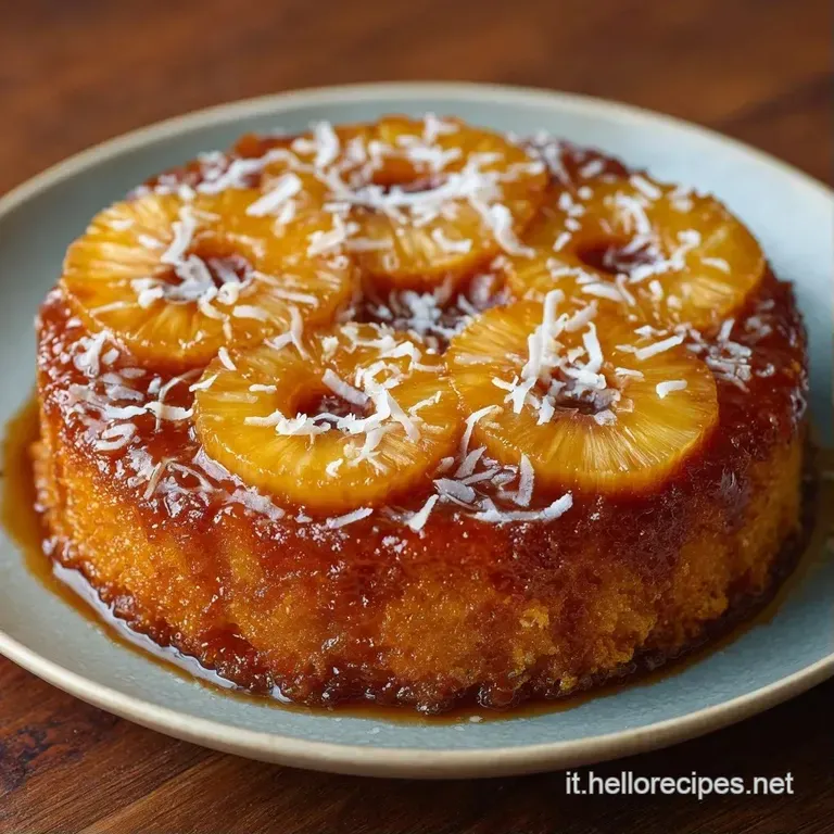 Fetta di dolce giallo pallido su piatto bianco, con ananas succoso e panna montata bianca e soffice in cima.