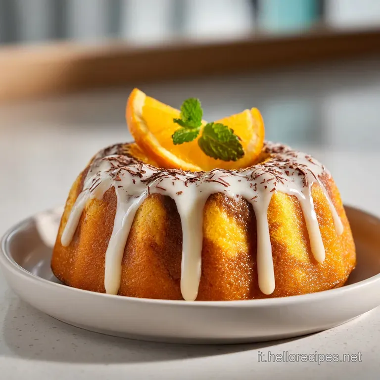A slice of marbled orange and chocolate cake with a molten chocolate center, artfully plated.