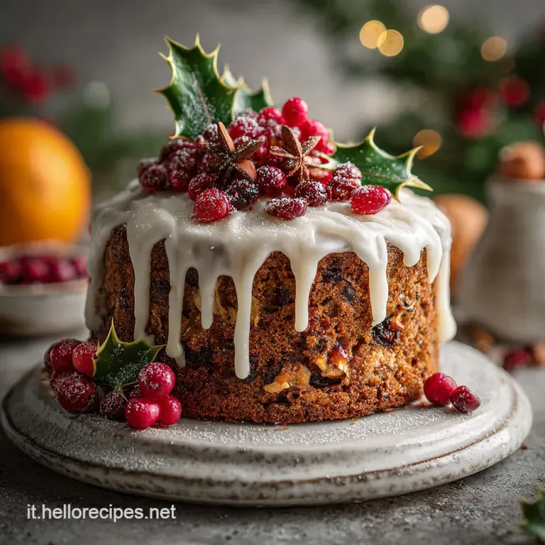 Slice of nut cake on a white plate; golden crust with visible fruit. Sprig of rosemary, powdered sugar, creates a simple h...