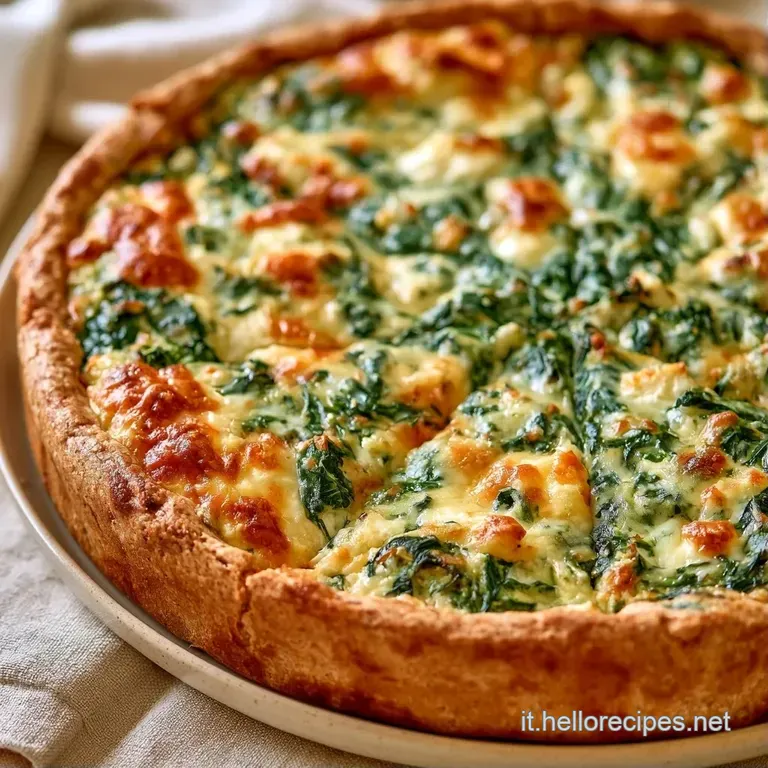 Fetta triangolare su piatto bianco con strati di ricotta candida e spinaci verdi, servita con un tocco di erbe fresche.