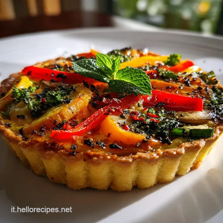 Slice of verdure torta salata on a white plate, steam rising, highlighting the colorful vegetable filling and crisp, flaky...