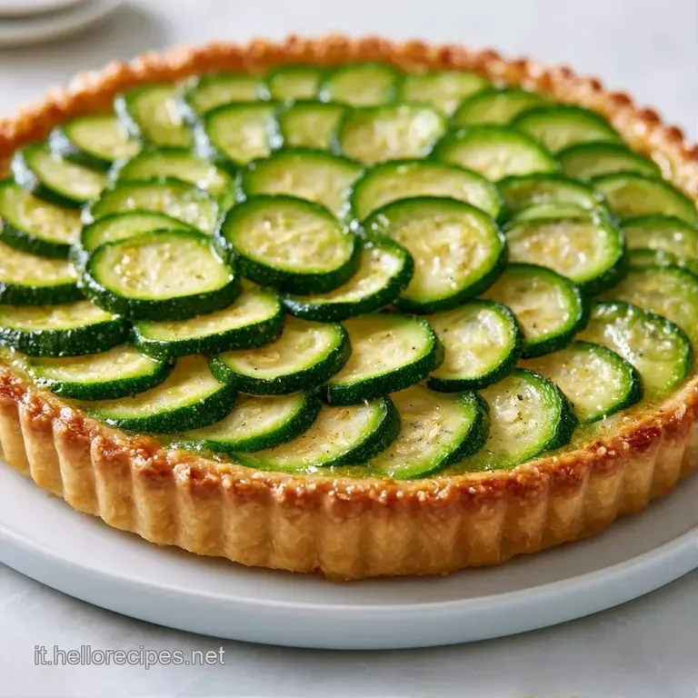 Una fetta di torta salata su piatto bianco, con crosta croccante e cuore cremoso di ricotta e zucchine tenere.