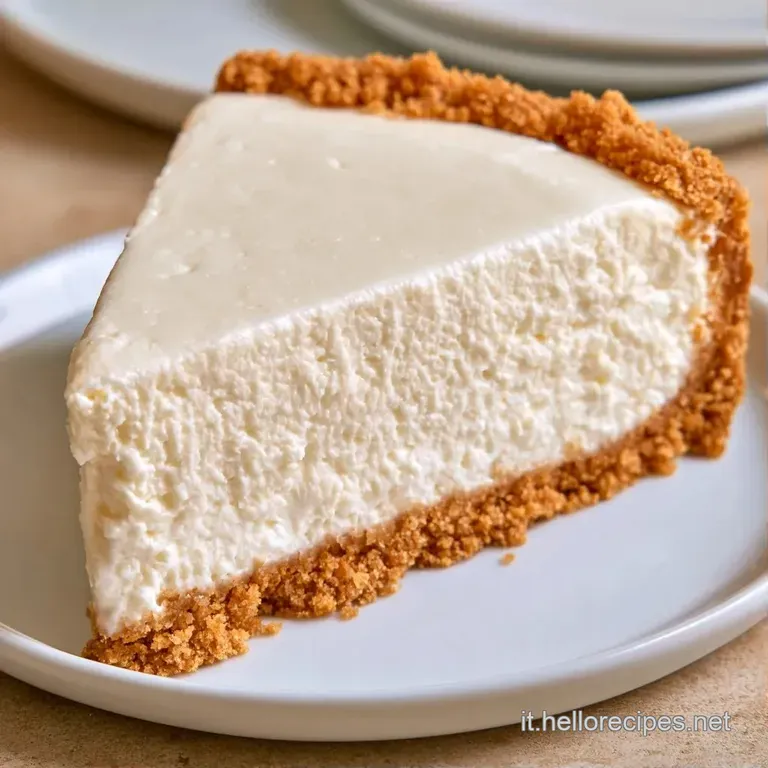 Fetta di dolce bianco su piatto ceramica, strati distinti di crema densa e base biscottata con fogliolina di menta.