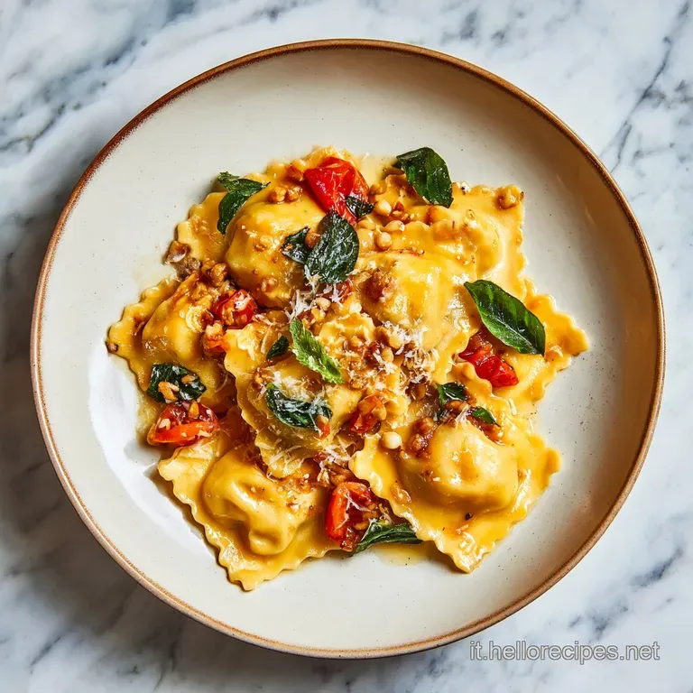 Butternut squash tortelli elegantly arranged on a white plate, graced with amaretti crumbs, sage, and a drizzle of golden ...