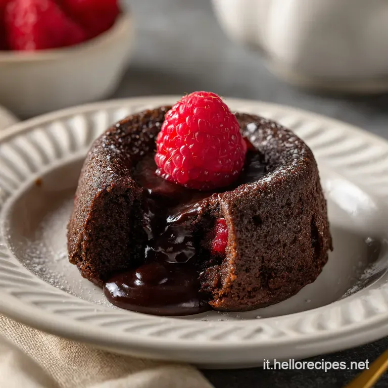 A single molten chocolate cake on a white plate, oozing warm raspberry sauce, garnished with mint.