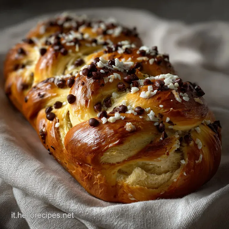 Elegant slice of creamy ricotta-filled brioche, presented on a white plate with subtle flaking of the pastry and a sprinkl...