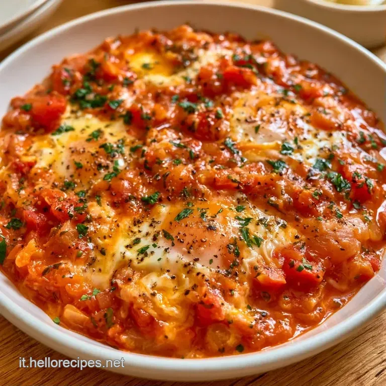 Piatto bianco con uova cremose adagiate su una vellutata salsa rossa brillante, rifinita con un filo d'olio extravergine.