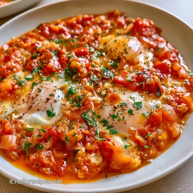 Uova a occhio di bue adagiate su una base di pomodoro denso e saporito, servite in un piatto di ceramica bianca.