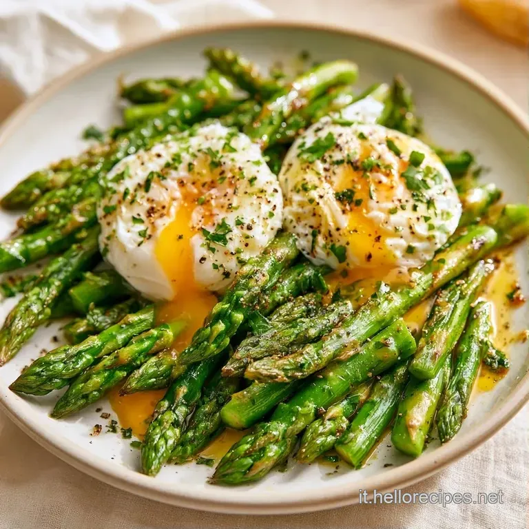 Asparagi verdi allineati con cura, sormontati da uova in camicia e un pizzico di pepe nero su sfondo luminoso e chic.