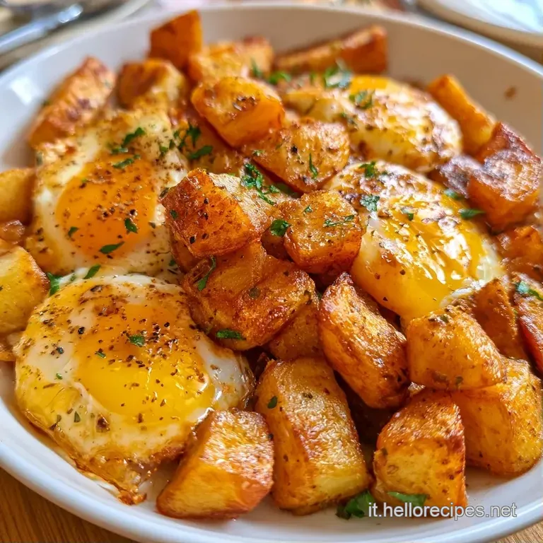 Composizione ordinata di patate saltate ambrate e uova setose, servite in un piatto moderno con un filo d'olio lucido.