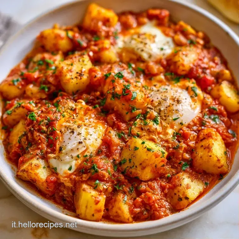Composizione curata di cubetti di patate croccanti e pomodori fondenti, sormontati da uova perfettamente cotte.
