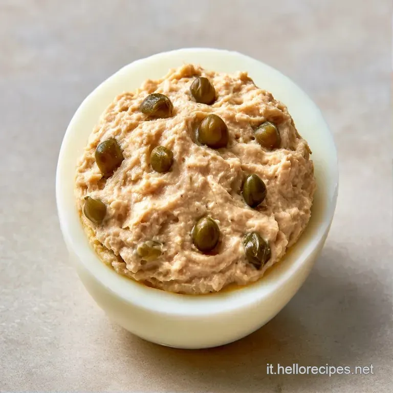 Uova ripiene disposte con cura su un piatto bianco, decorate con erba cipollina fresca e un filo d'olio dorato.