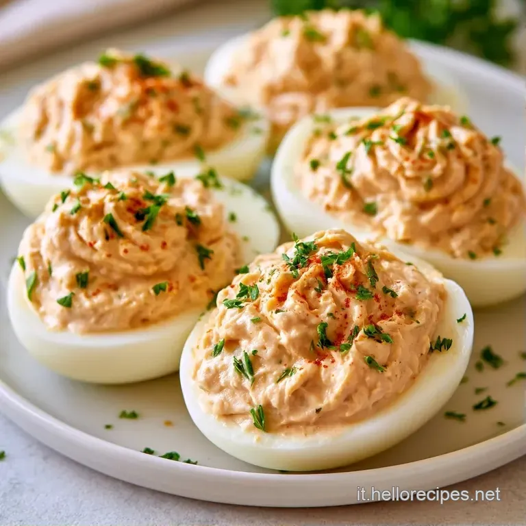Uova ripiene disposte su un letto di lattuga fresca croccante, decorate con paprika rossa su un piatto di ceramica bianca.