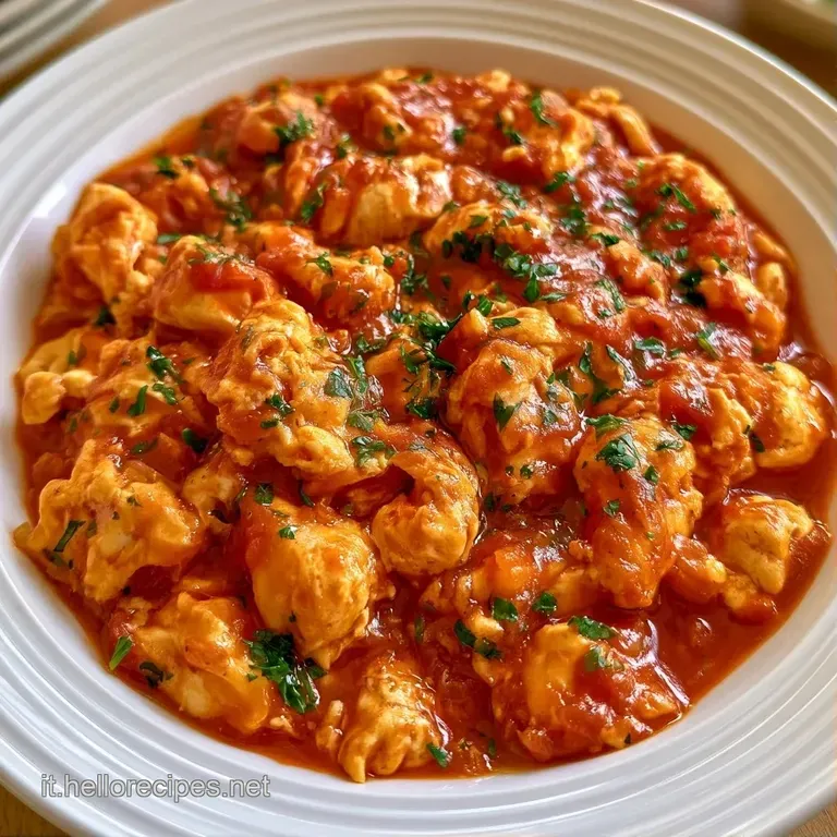 Composizione elegante di uova strapazzate morbide con salsa di pomodoro lucida, guarnite da foglioline di basilico verde.